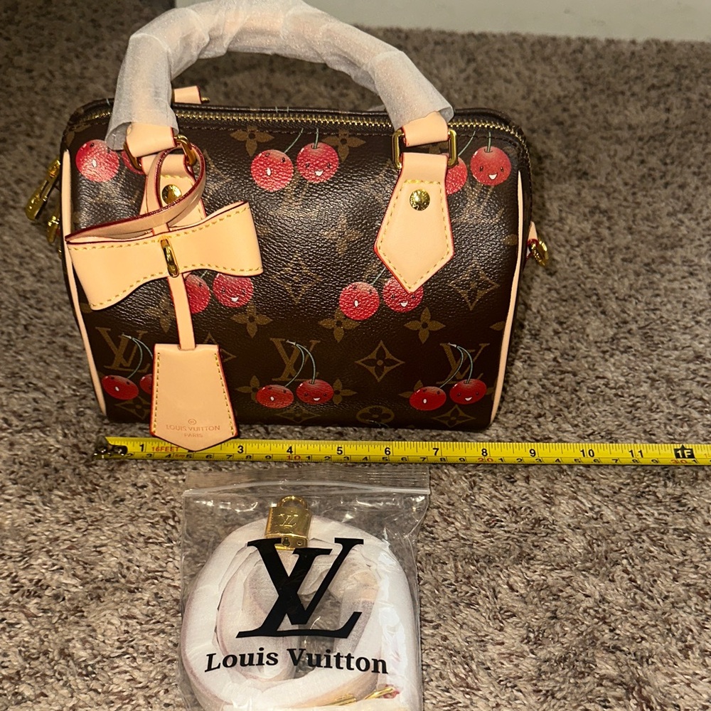 Cherry Print Brown Satchel with Red Cherry Design